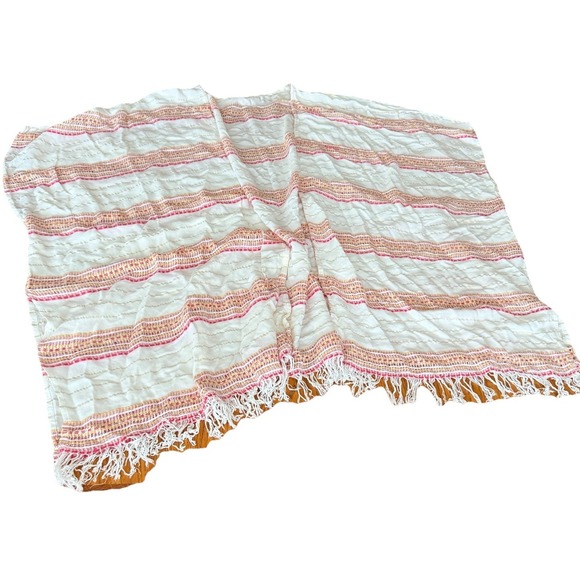 Rebellion Sweaters - Rebellion White Boho Fringe Poncho Large Woven Stripes Rayon Open Front India